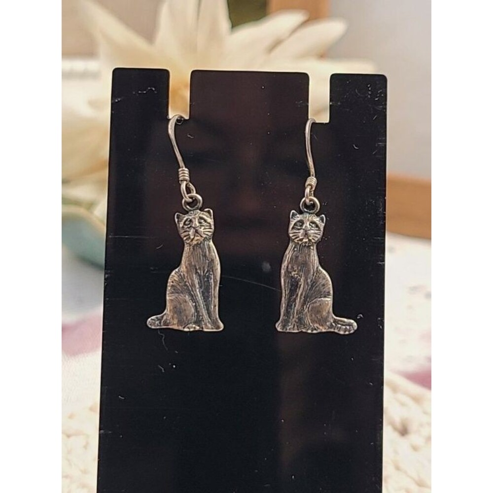 Sterling Silver 925 Sitting Cat Dangle Earrings Kitty Animal Drop Hook Jewelry